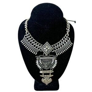 Sugarfix Silvertone Boho Necklace Rhinestone Filigree Pendant Statement GUC